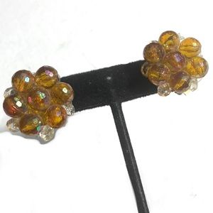 Vintage Germany Clip On Amber Color Aurora Borealis Cluster Earrings
